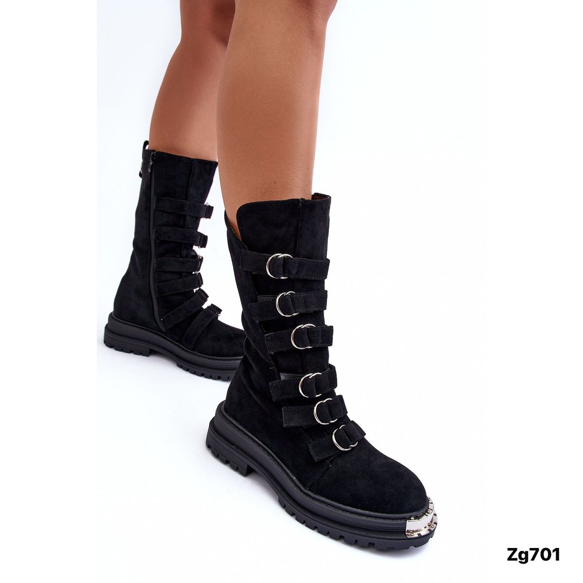 Bota negro detalle plateado en punta hebillas correas suela 5cm NC1307 C-77